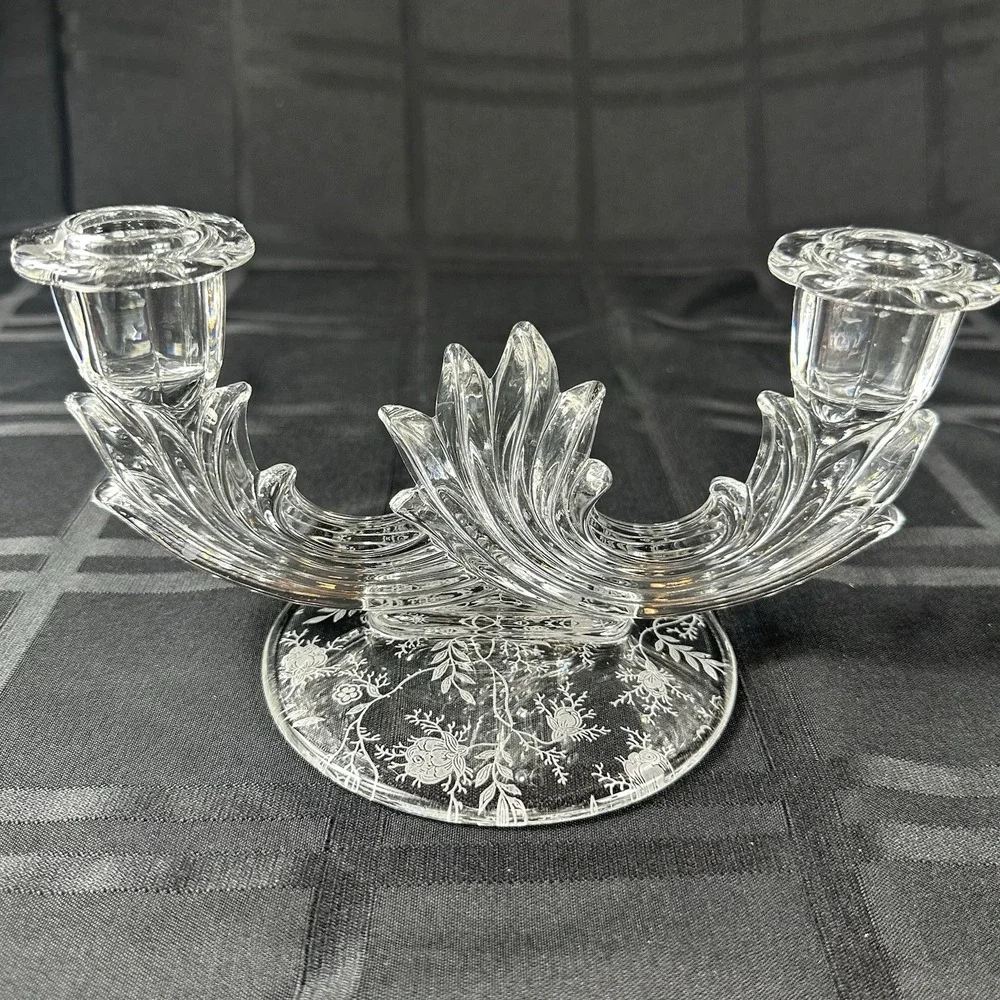 Vintage Crystal Fostoria Baroque‎ Double Candle Sticks Chintz Etched Pattern